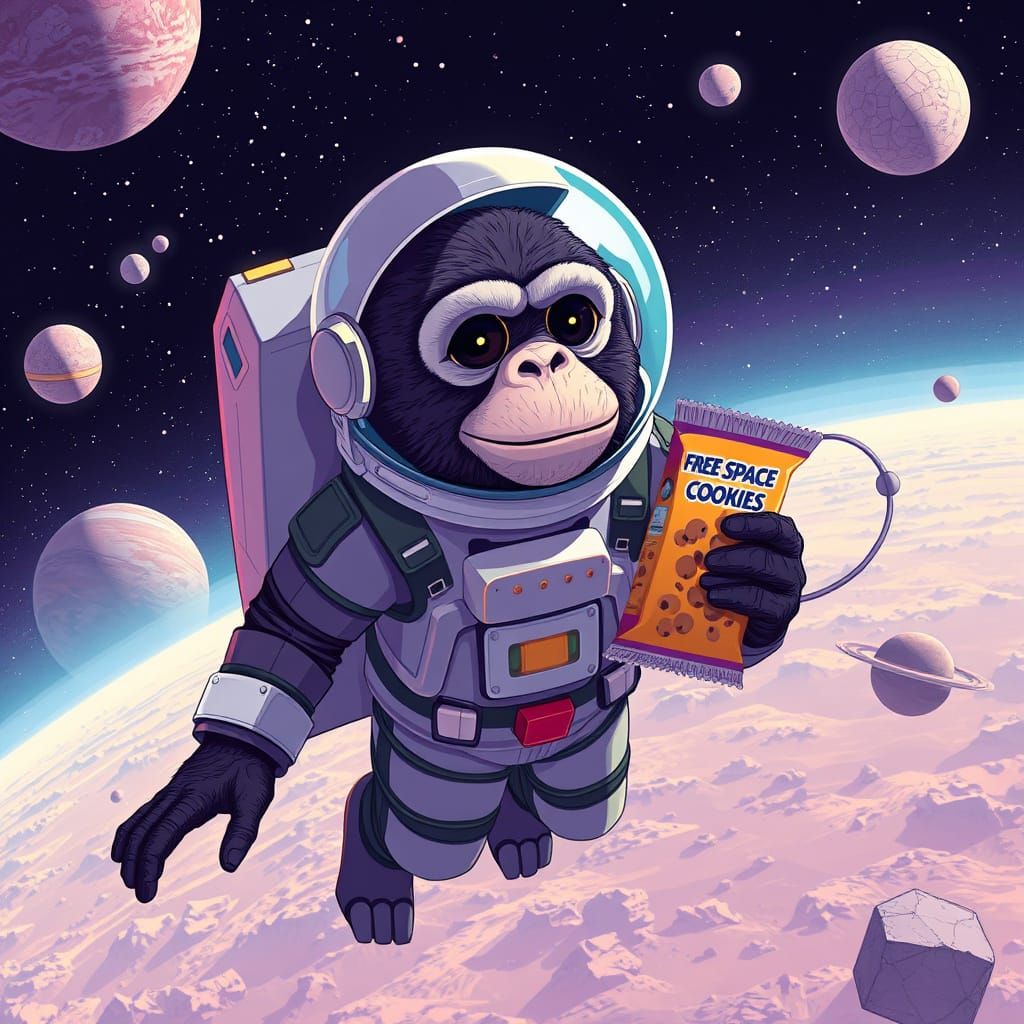 Ape in Futuristic Spacesuit Savoring Free Space Cookies