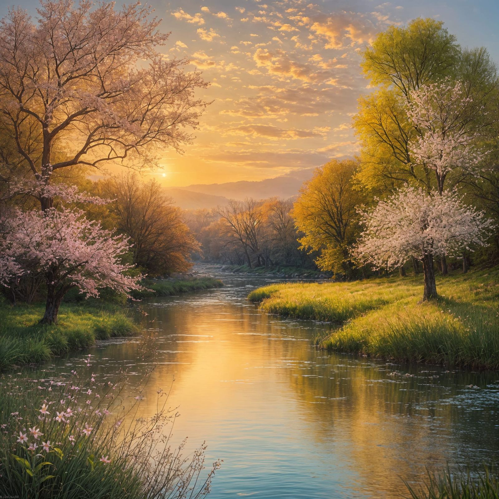 Surreal Spring Oasis at Sundown in Dreamy Watercolor