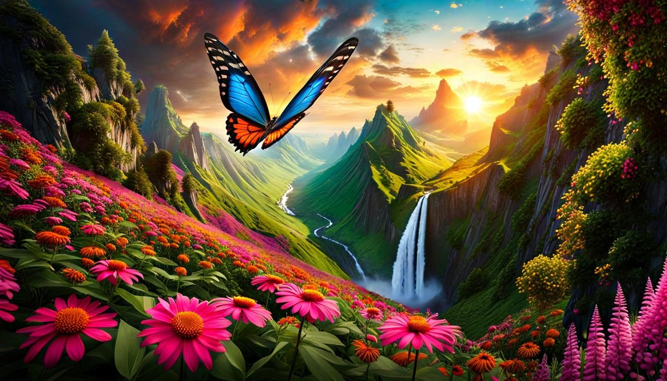 Butterfly's-Eye View: Hyperrealistic Cyberpunk Landscape