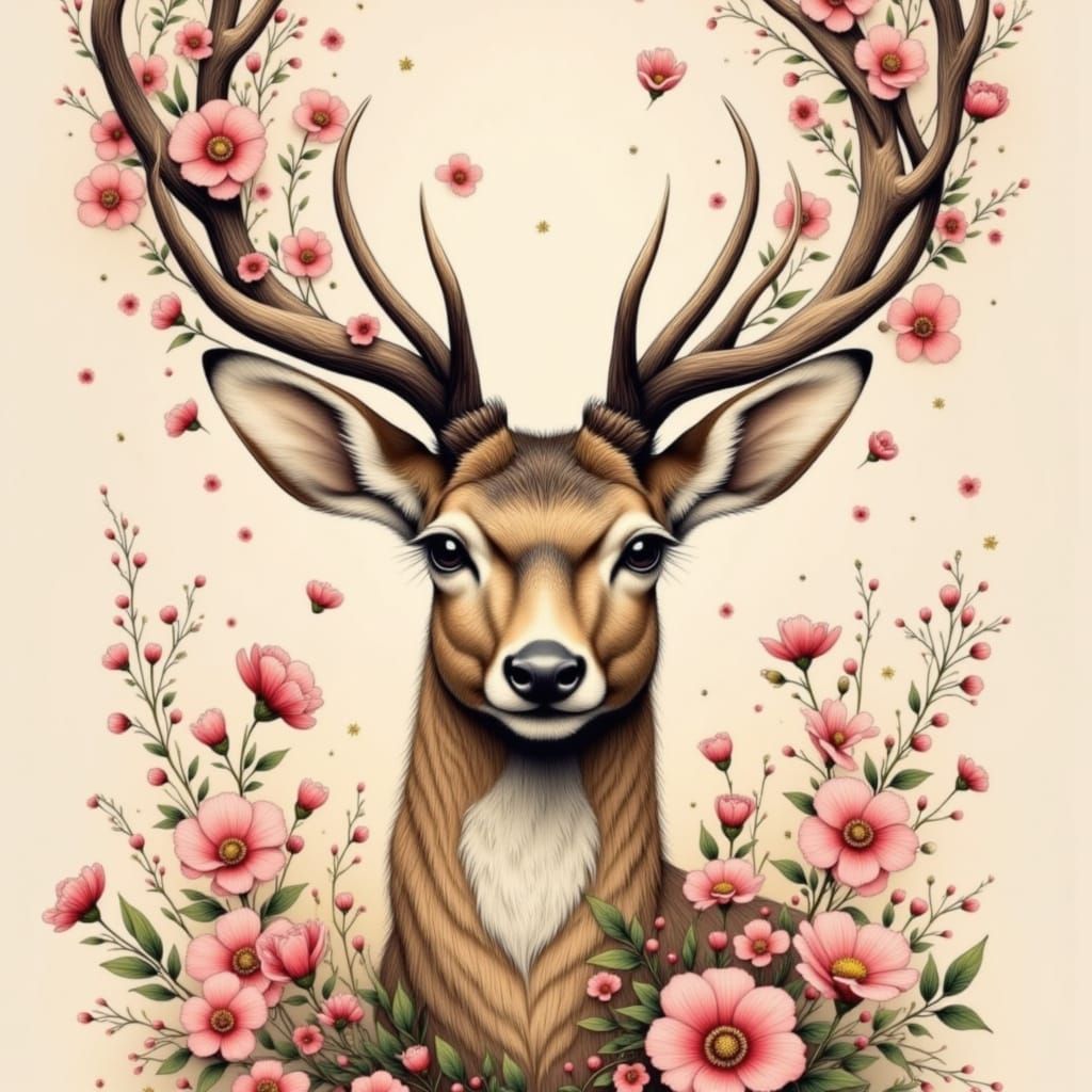 Elegant Deer Adorned with Flowers in Pre-Raphaelite Style