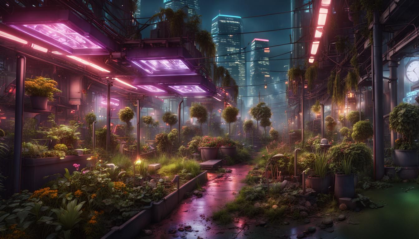 Cyberpunk City Garden with Grow Lights