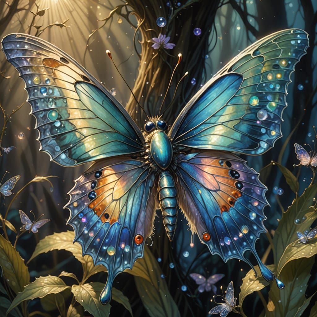 Whimsical Butterfly with Iridescent Wings in Ethereal Glow