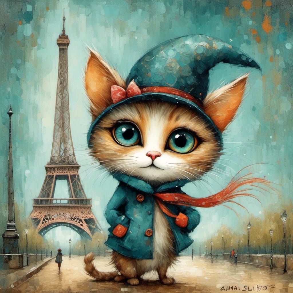 Whimsical Cat with Giant Eyes at Eiffel Tower
