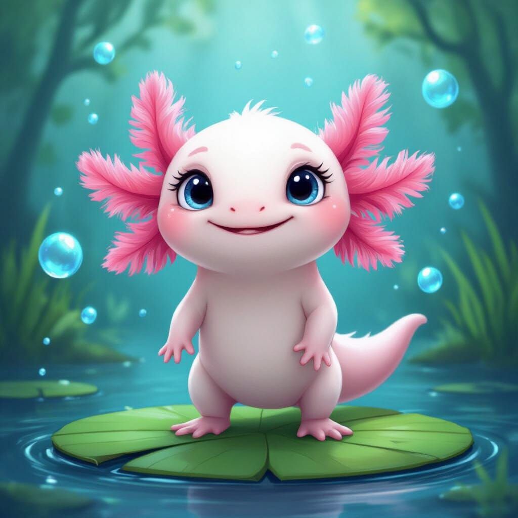 Cute Axolotl on Lily Pad in Cartoon Style