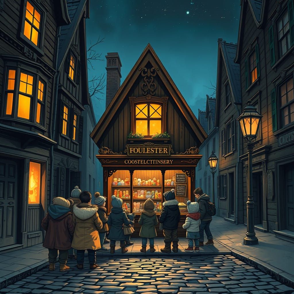 Enchanted Confectionery Shop in Darkened Alleyway