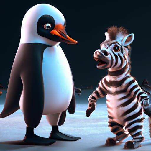 Cartoon Zebra and Penguin Friends in Art Nouveau Style
