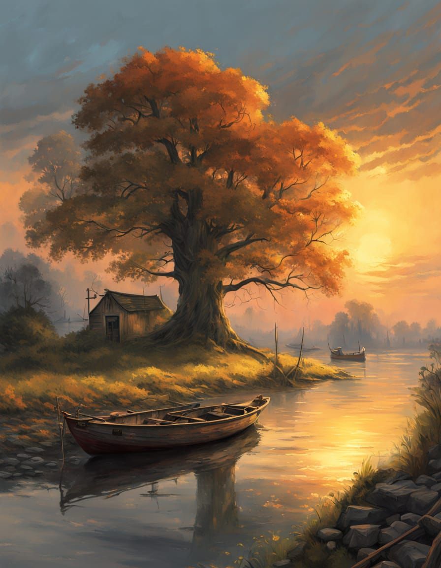 Surreal Sunset on the Orinoco Riverbank in Oil Painting Styl...