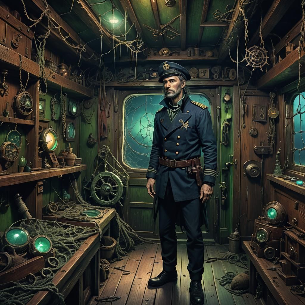 Eerie Dark Sailor in Dimly Lit Cabin