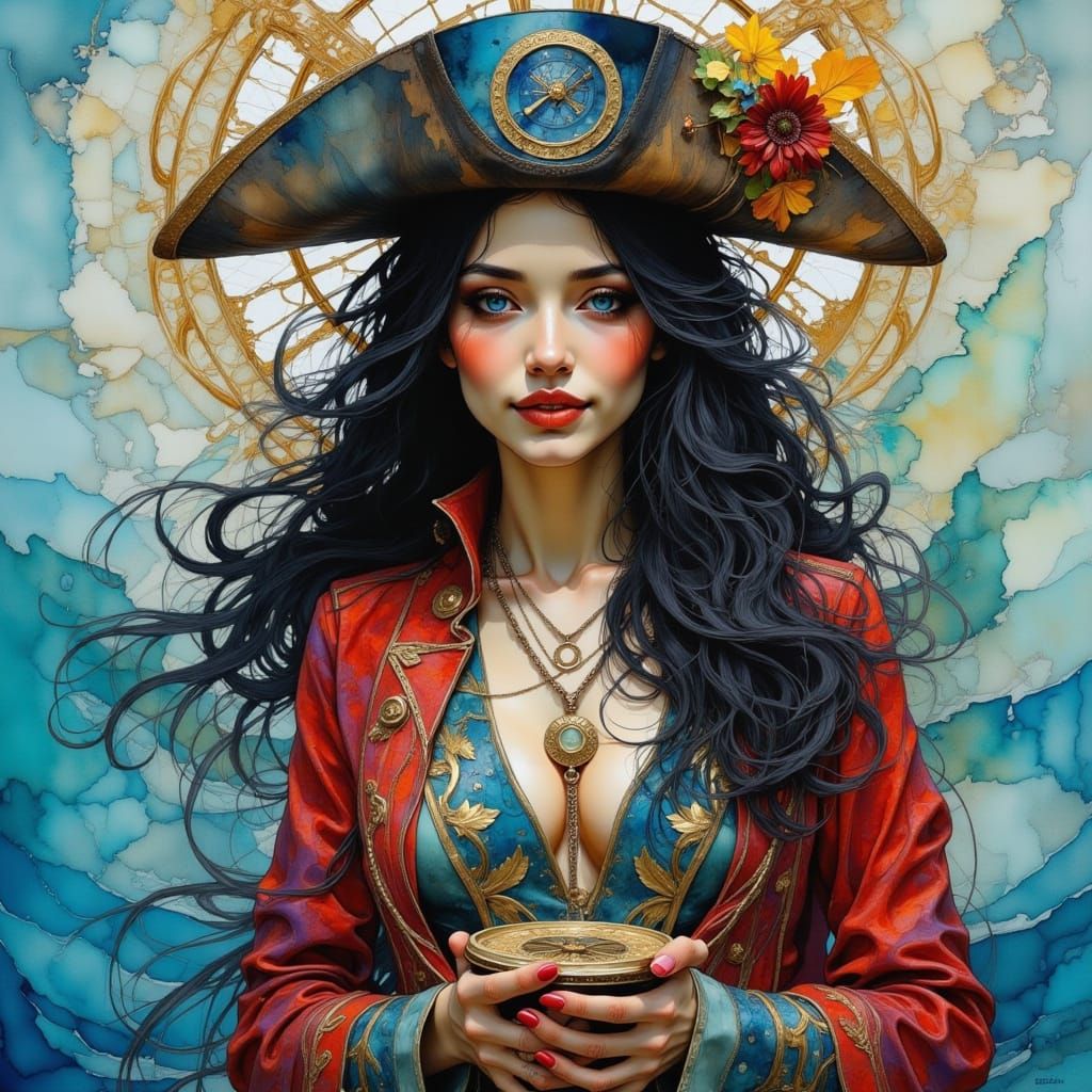 Pirate Captain Intently Studies Compass in Dreamlike Style