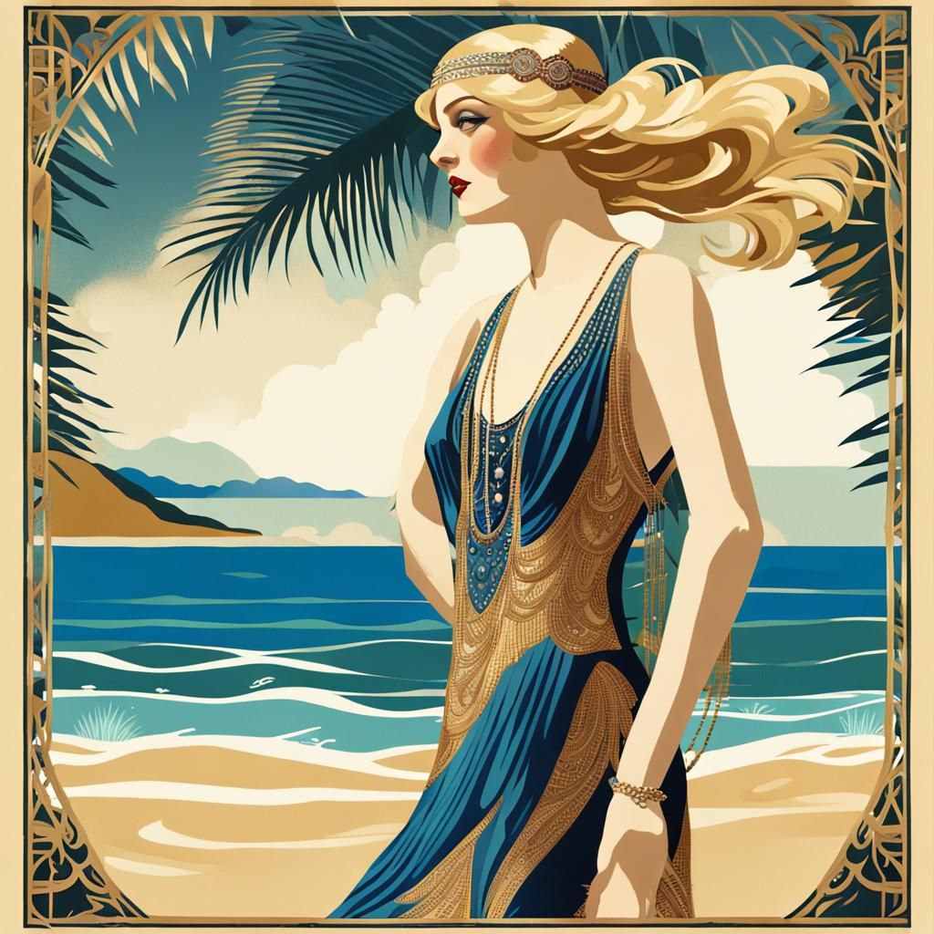 Art Deco Flapper Illustration on Tropical Beach