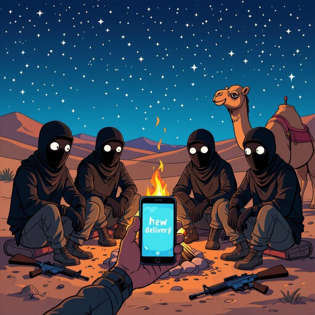 African Bandits Campfire Surprise in Rick and Morty Style