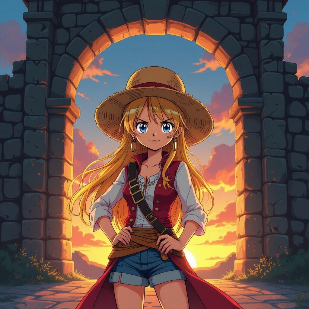 Anime Pirate Girl Before Ancient Archway at Sunset