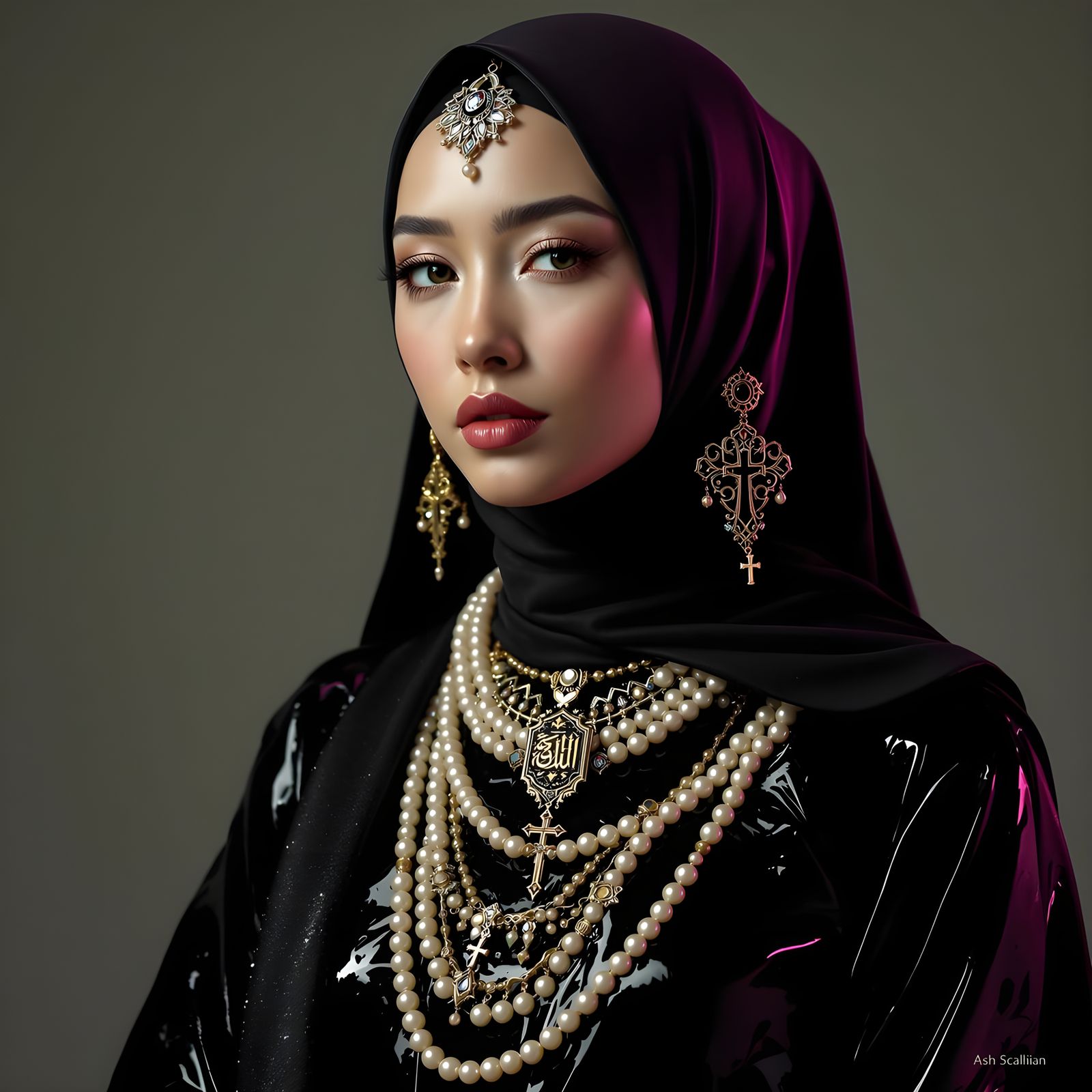 Latex Hijab with Pearls and Symbolic Jewelry