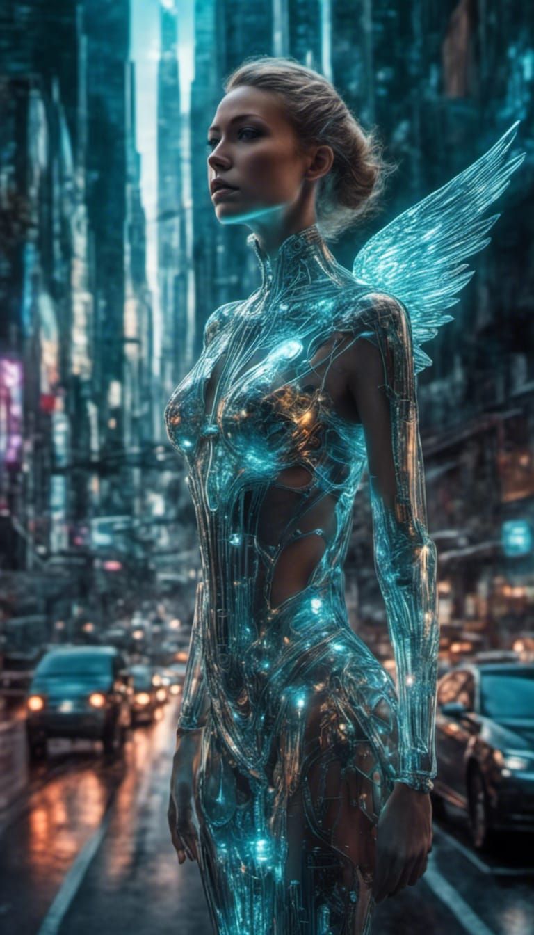 Holographic Cyborg Angel in Urban Landscape