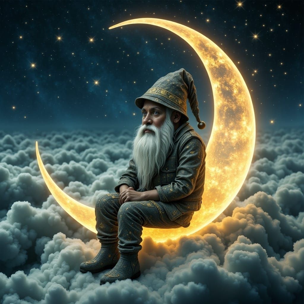 Fantastical Close-Up of a Gnome on the Crescent Moon