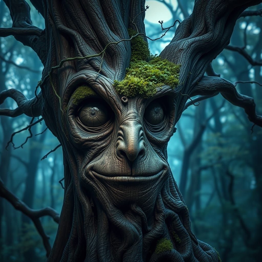 Mystical Forest Tree with a Gentle Smile
