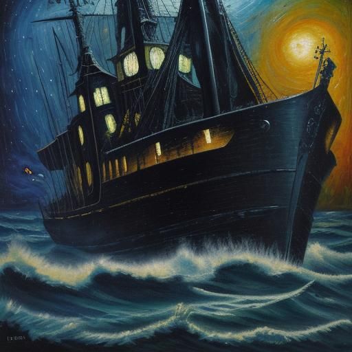 Ghost Ship at Night in Expressionist Style