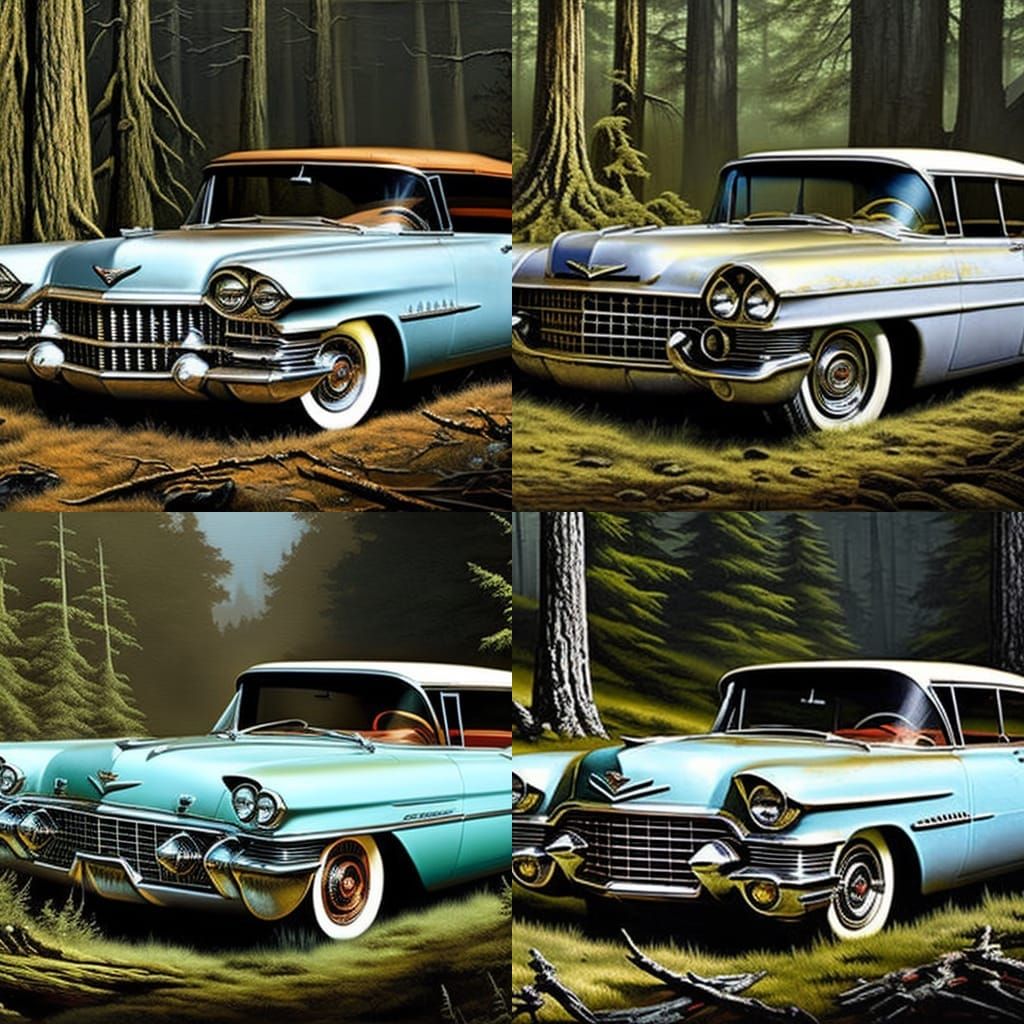 Vintage Cadillac Rusts in Dark Fantasy Woods Oil Painting