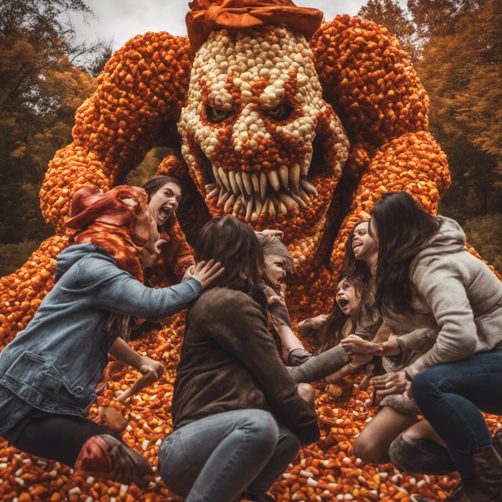 Candy Corn Monster Attacks Flannel-Clad Women
