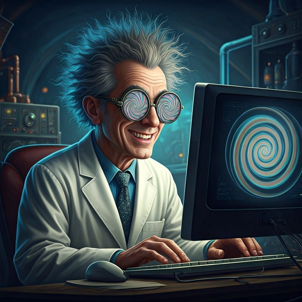 Mad Scientist in Steampunk Laboratory Creates Hypnotic 3D Ar...