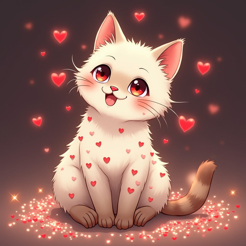 Siamese Cat Sprinkled with Hearts in Manga Style