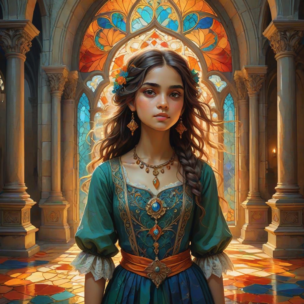 Baroque Romanticism Portrait of a Gypsy Girl in a Cathedral