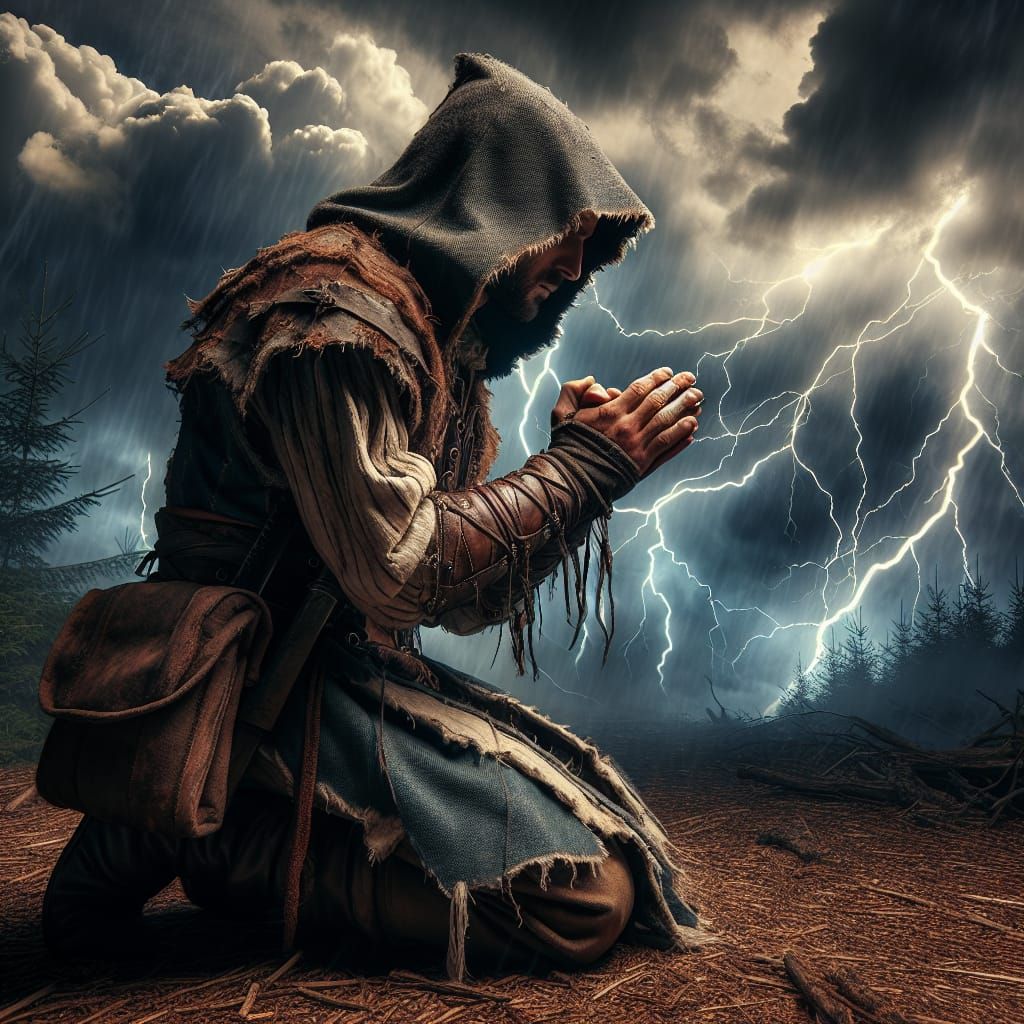 Medieval Assassin Kneeling in Storm, Hyper-Realistic Style