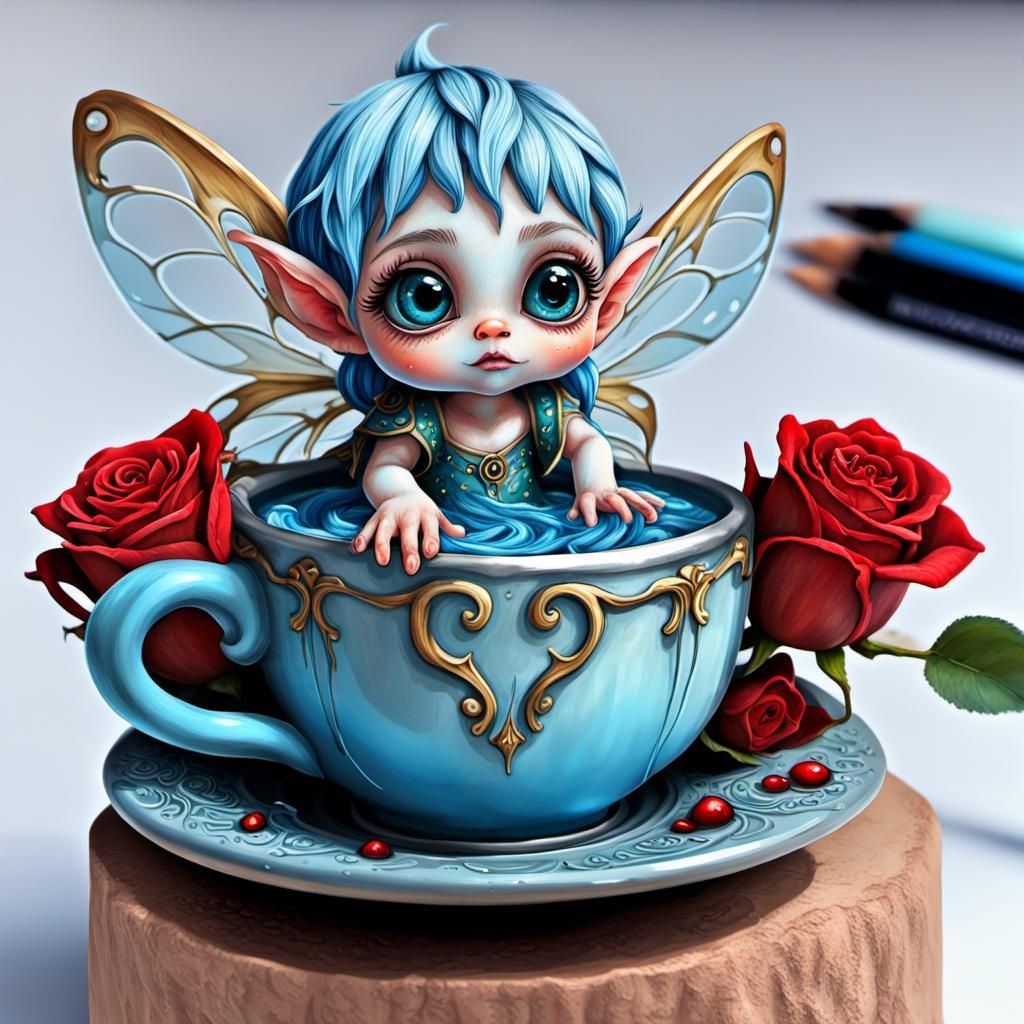 Cute Fairy Elf Baby in Teacup, Digital Art