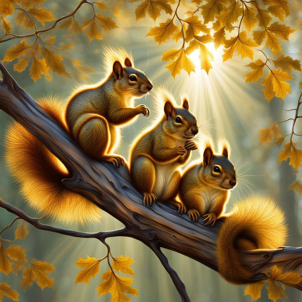 Metallic Squirrels on Branch in Golden Fractal Light