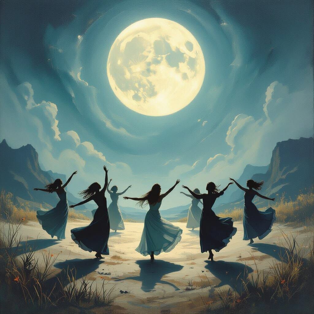 Ethereal Moonlit Dance Ritual as Surrealist Oil Painting