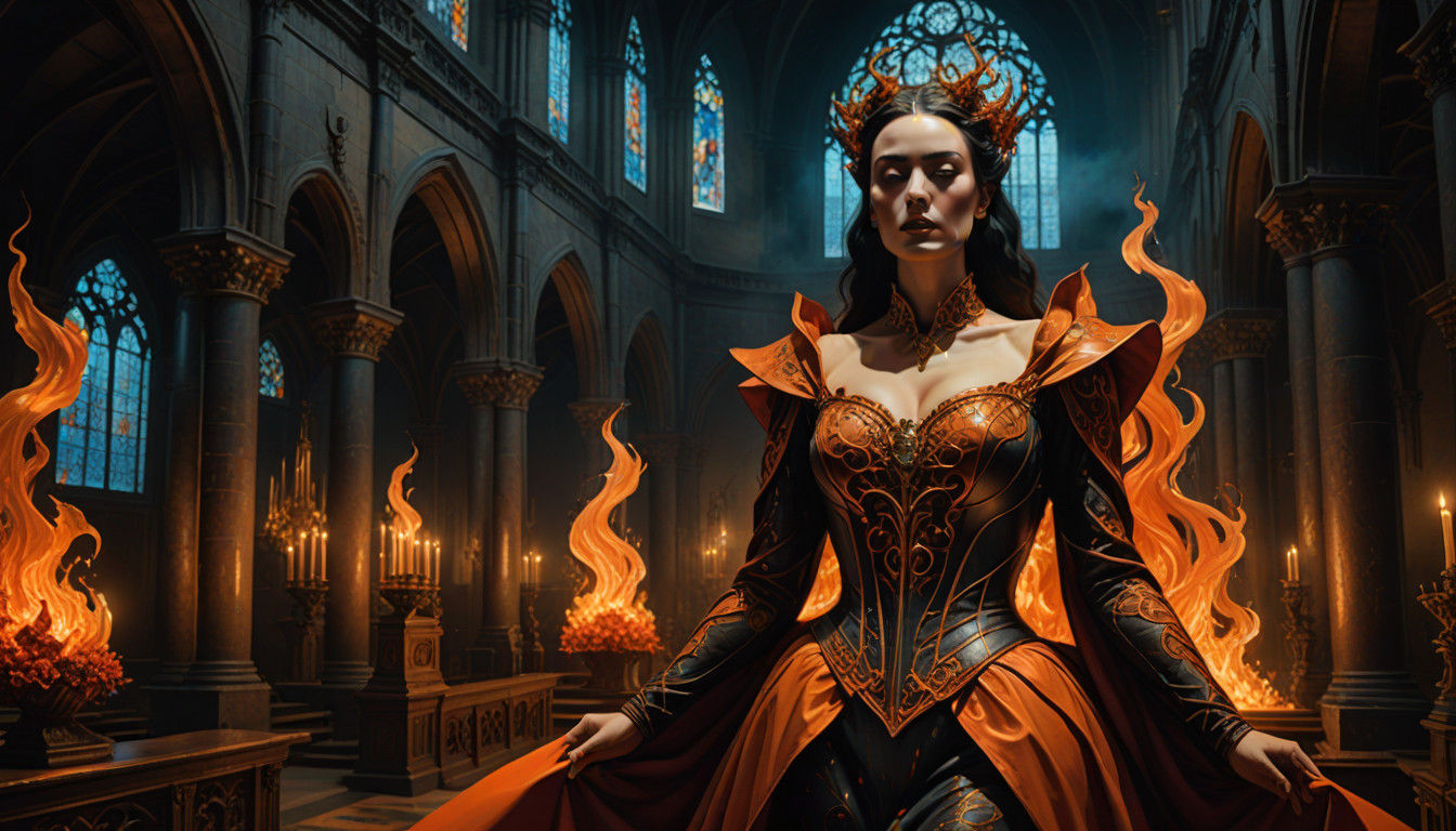 Sultry Fire Demon Goddess in Dark Gothic Splendor