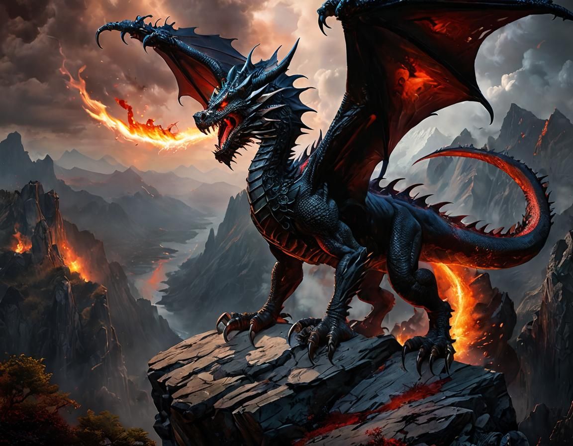 Majestic Black Dragon Breathing Fire, Oil Painting