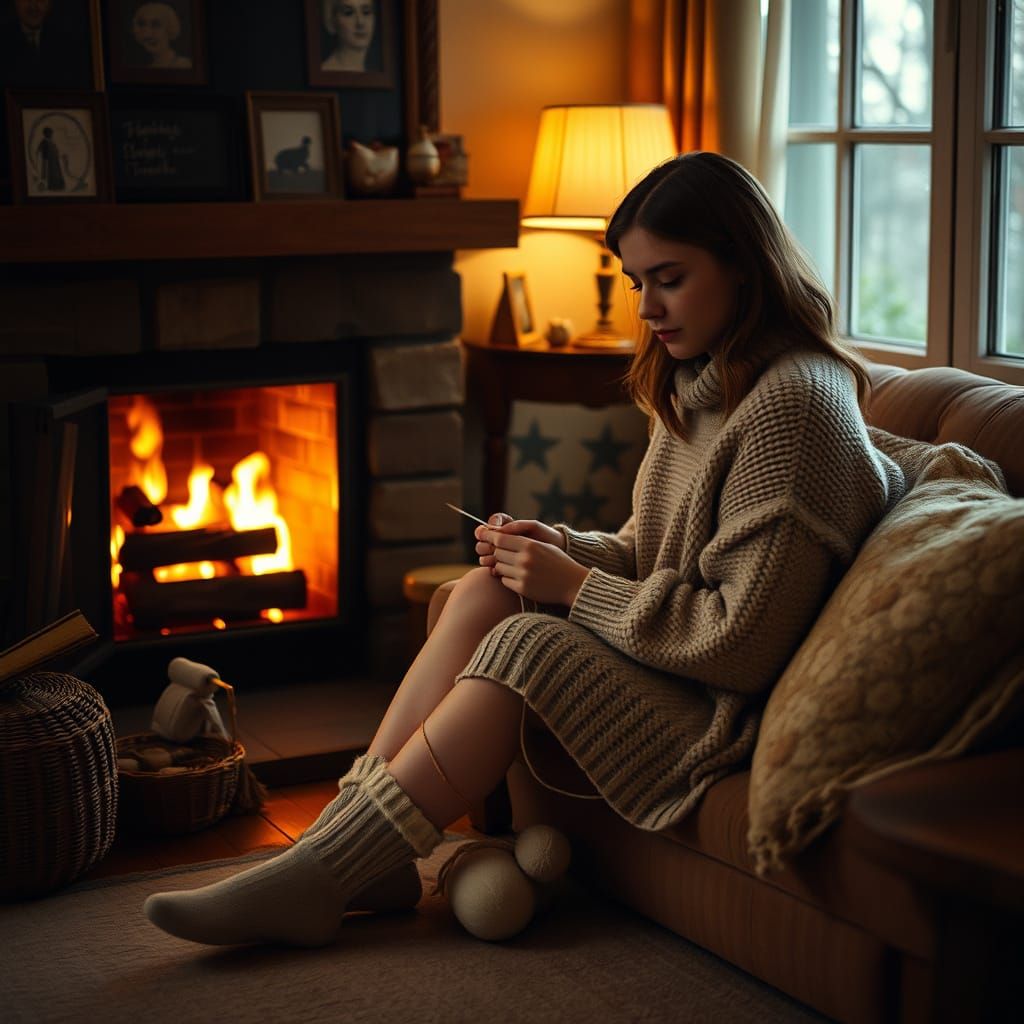Cozy Tradwife Knitting by Fireplace on Rainy Morning
