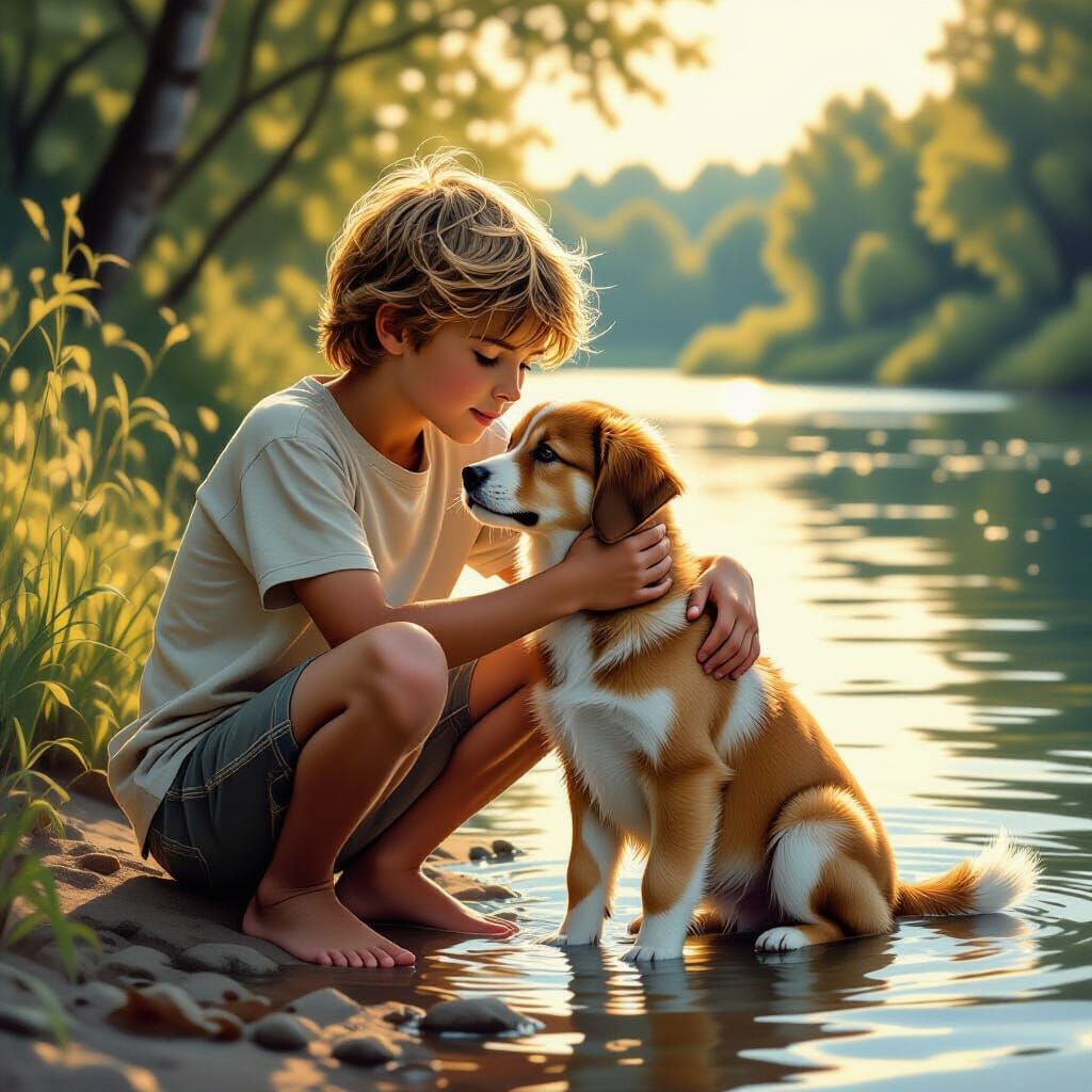 Boy and Dog in Golden Light, Painterly Style