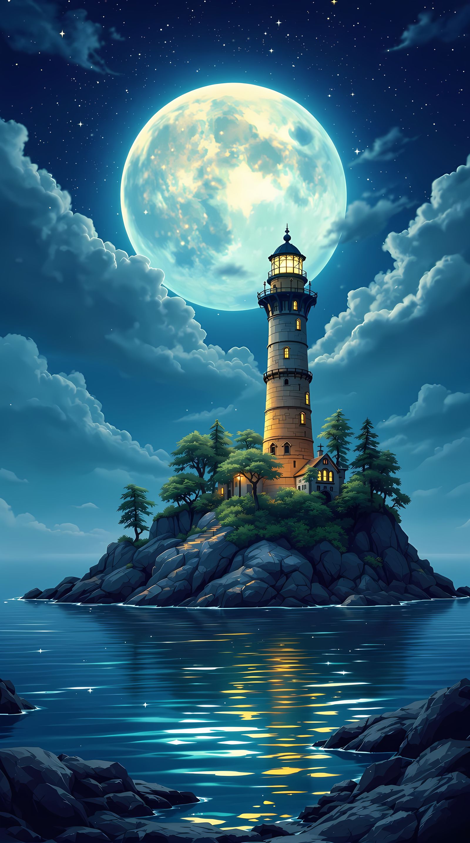 Serene Nighttime Lighthouse in Cyberpunk Digital Style