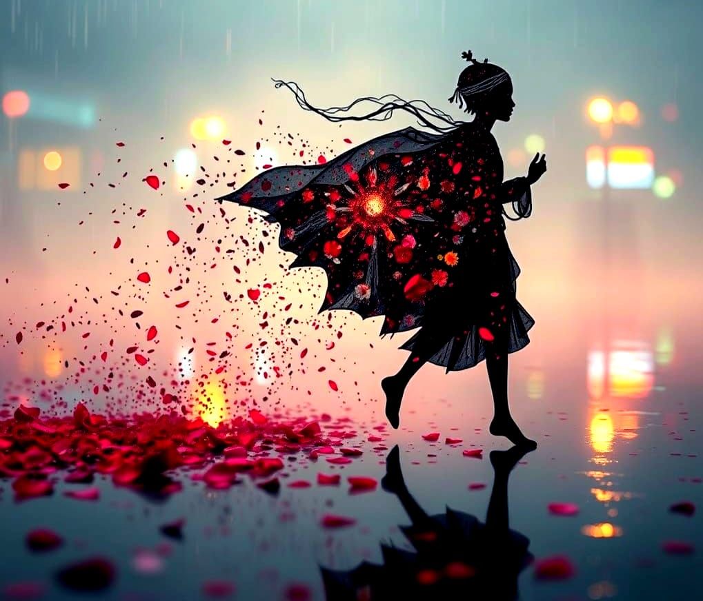 trailing pigment and mosaic petals in the rain