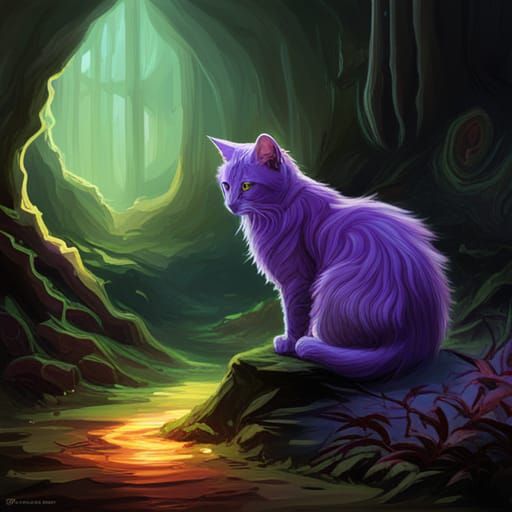 Crystal Cat in Dark Fantasy Cave, Detailed Art