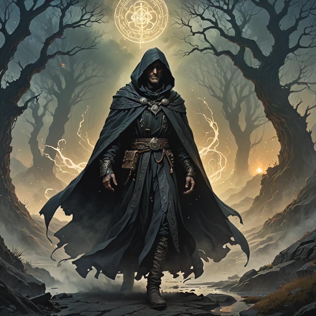 Mystical Master in Eerie Landscape, Dark Fantasy Art