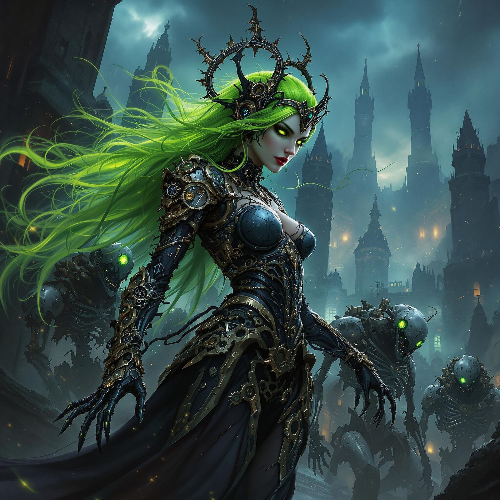 Gothic Queen Commands Automatons in Steampunk Style