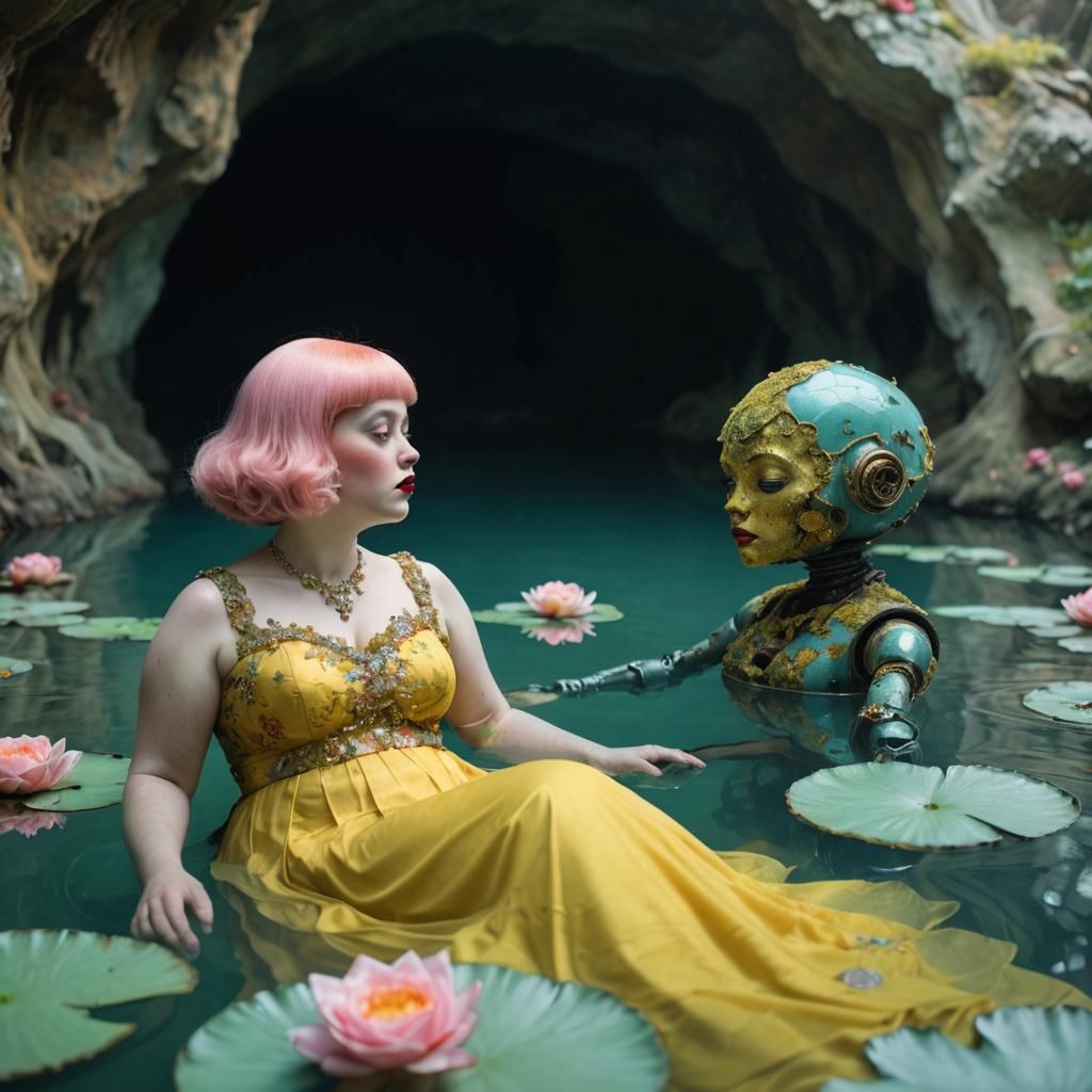 Surreal Pre-Raphaelite Woman in Cave with Robot