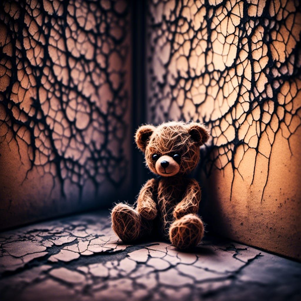 Neon-Eyed Teddy Bear in Dusty Attic
