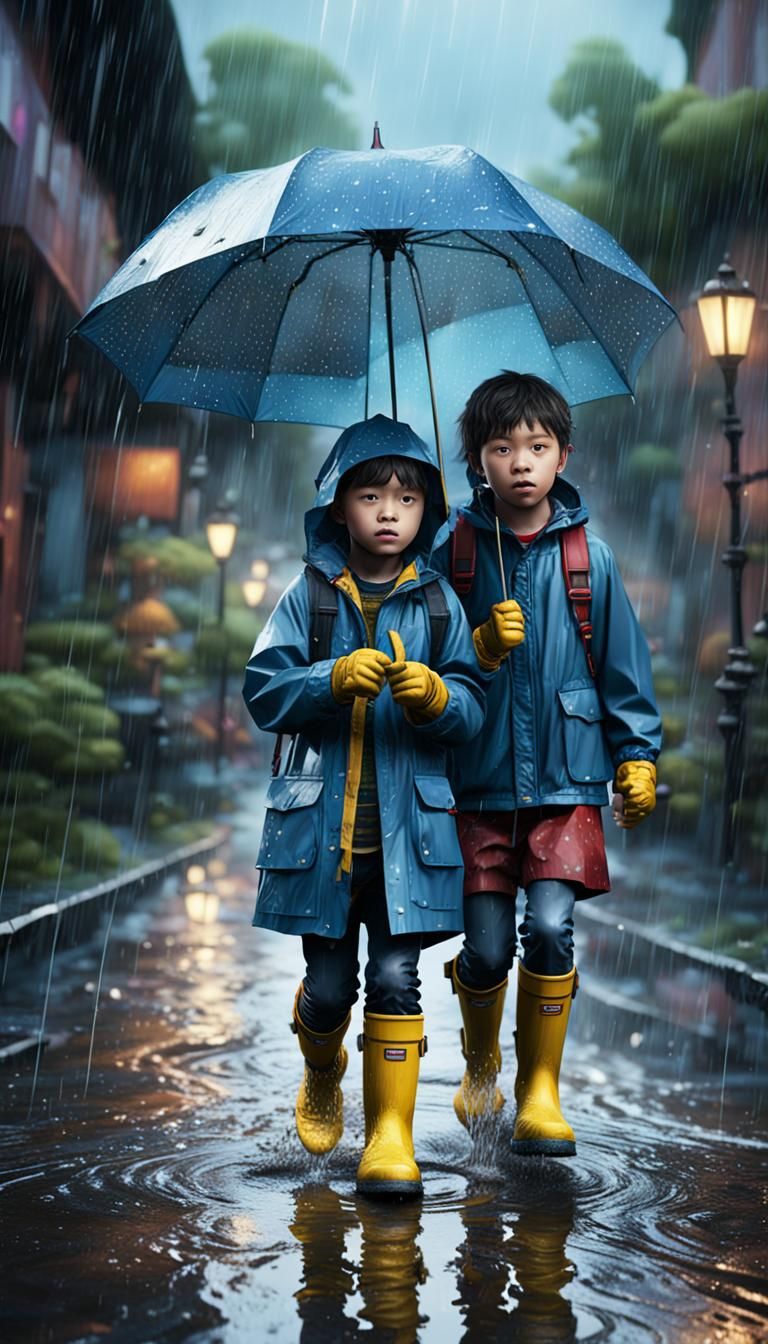 Children playing in the rain  with in rain boots brings a ra...