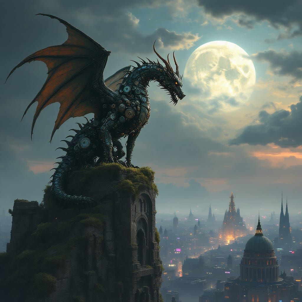 Bronze Clockwork Dragon on Ancient Statue Above Neon Citysca...