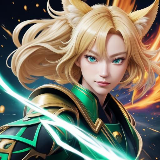 Anime Girl with Lance and Kitsune Ears in Genshin Style