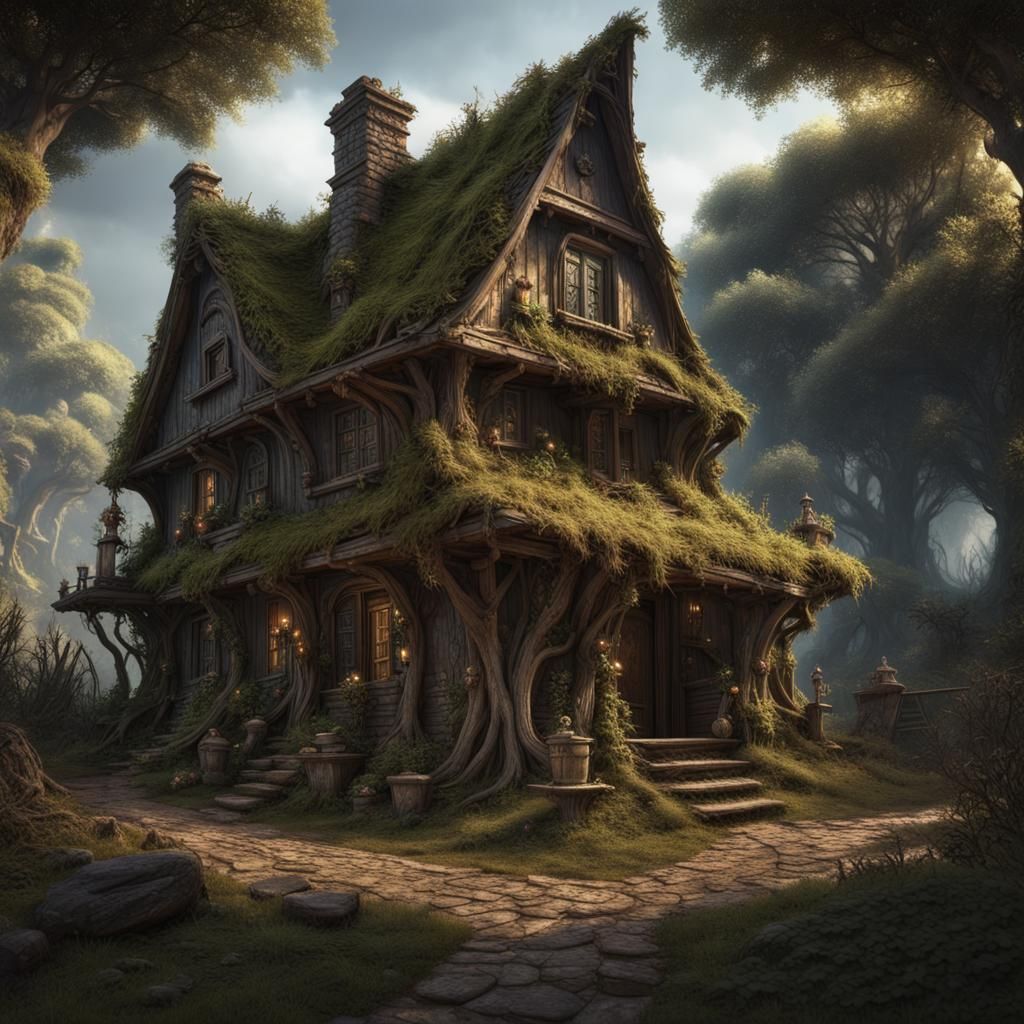 Cozy Witch's Hovel in Wooded Area: Fantasy Concept Art