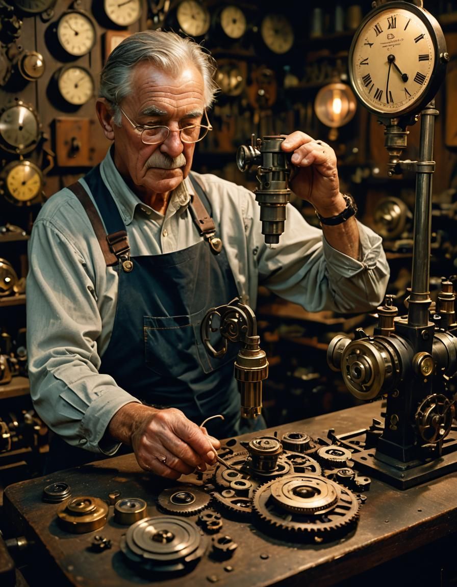 Old Watchmaker Inspecting Gears in Dimly Lit Workshop