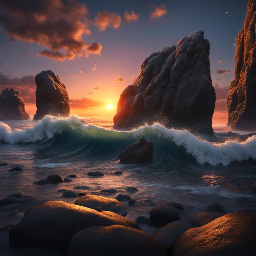Oregon Sunset Between Rocks: Detailed Matte Painting