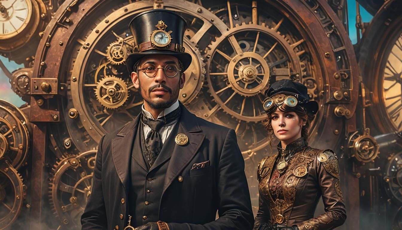 Steampunk Time Machine with Victorian Pilot and Companion