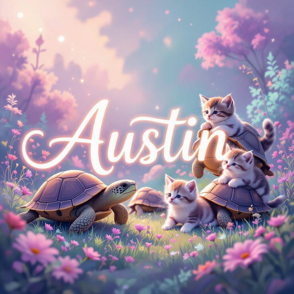 Playful Turtles and Kittens in Dreamlike Landscape with 'Aus...