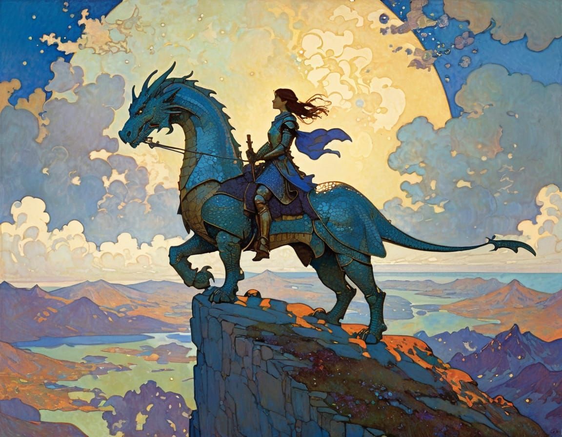 Knightly Thoughts: Dragon in Sky, Warrior with Sword and Shi...